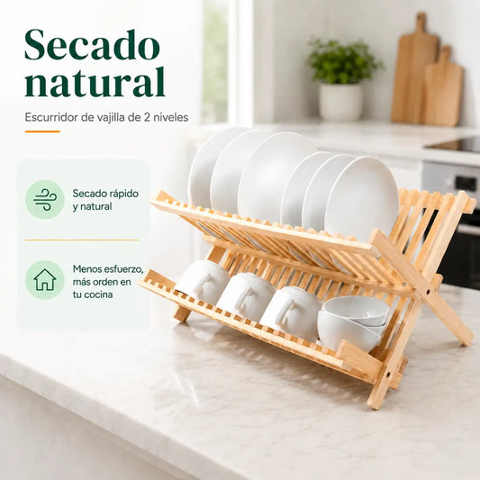 Escurridor de vajilla de bambú con diseño abierto para facilitar el secado natural de platos y tazas