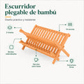 Escurridor plegable de bambú de 2 niveles con estructura estable y espacios para platos y utensilios
