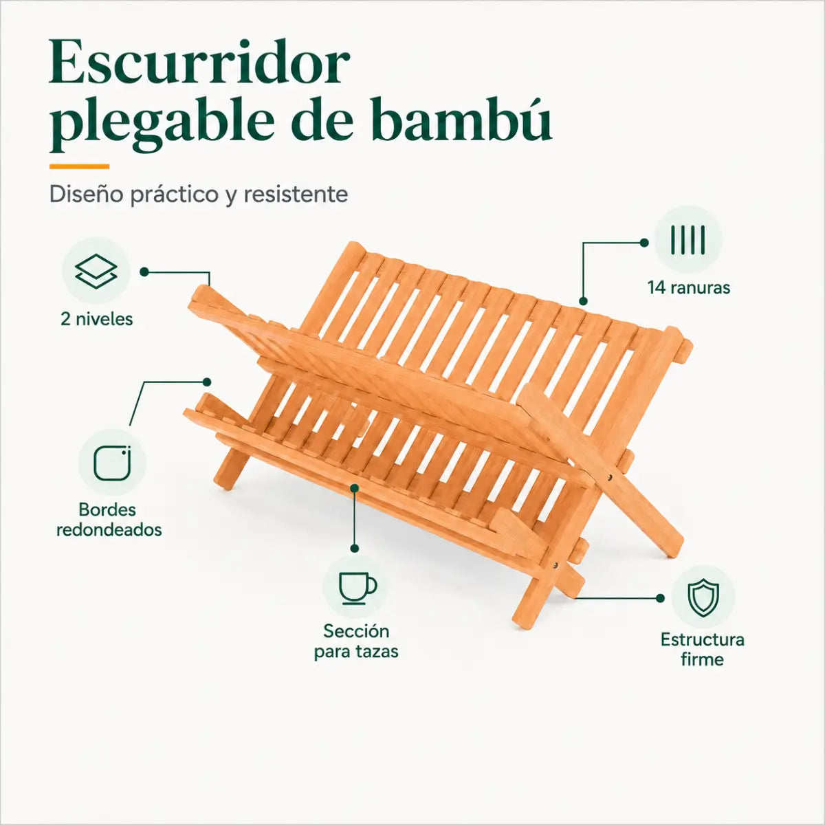Escurridor plegable de bambú de 2 niveles con estructura estable y espacios para platos y utensilios