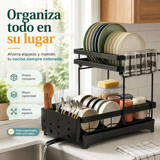 Escurridor de vajilla de 2 niveles para organizar platos, tazas, vasos y cubiertos en la cocina
