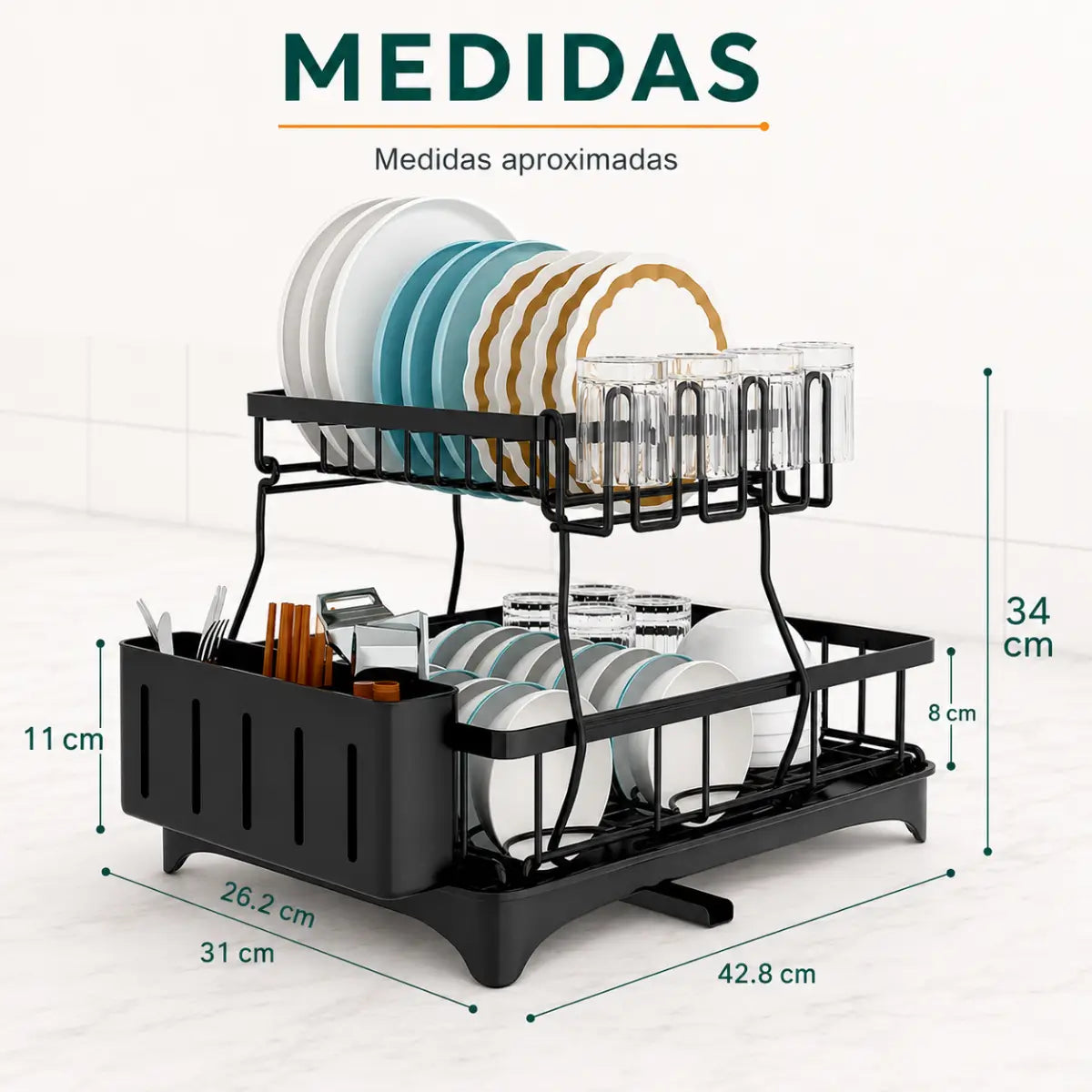 Medidas del escurridor de platos de 2 niveles con bandeja de drenaje y estructura compacta