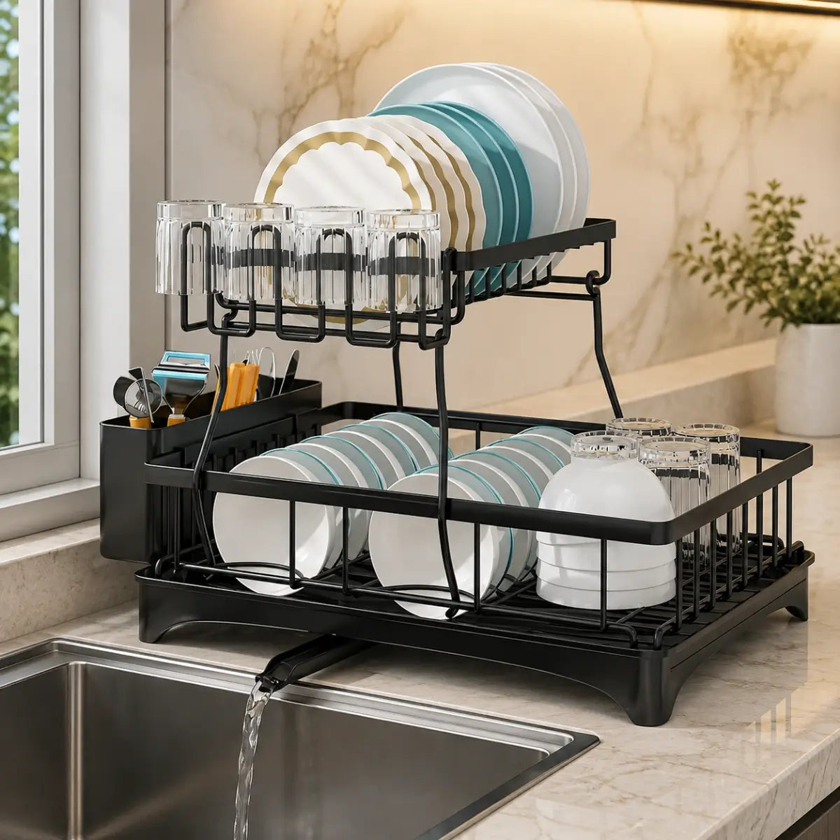 Escurridor de platos de 2 niveles color negro con drenaje, cubertero y espacio para vajilla y vasos