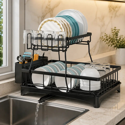 Escurridor de platos de 2 niveles color negro con drenaje, cubertero y espacio para vajilla y vasos