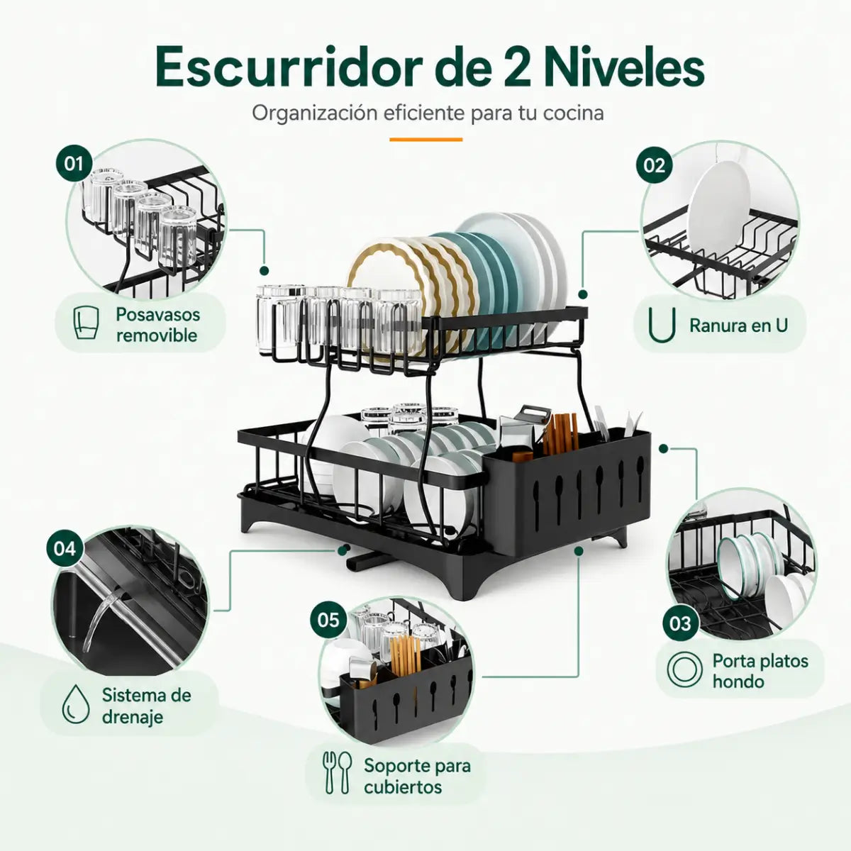Escurridor de 2 niveles con soportes para platos, vasos, cubiertos y accesorios de cocina
