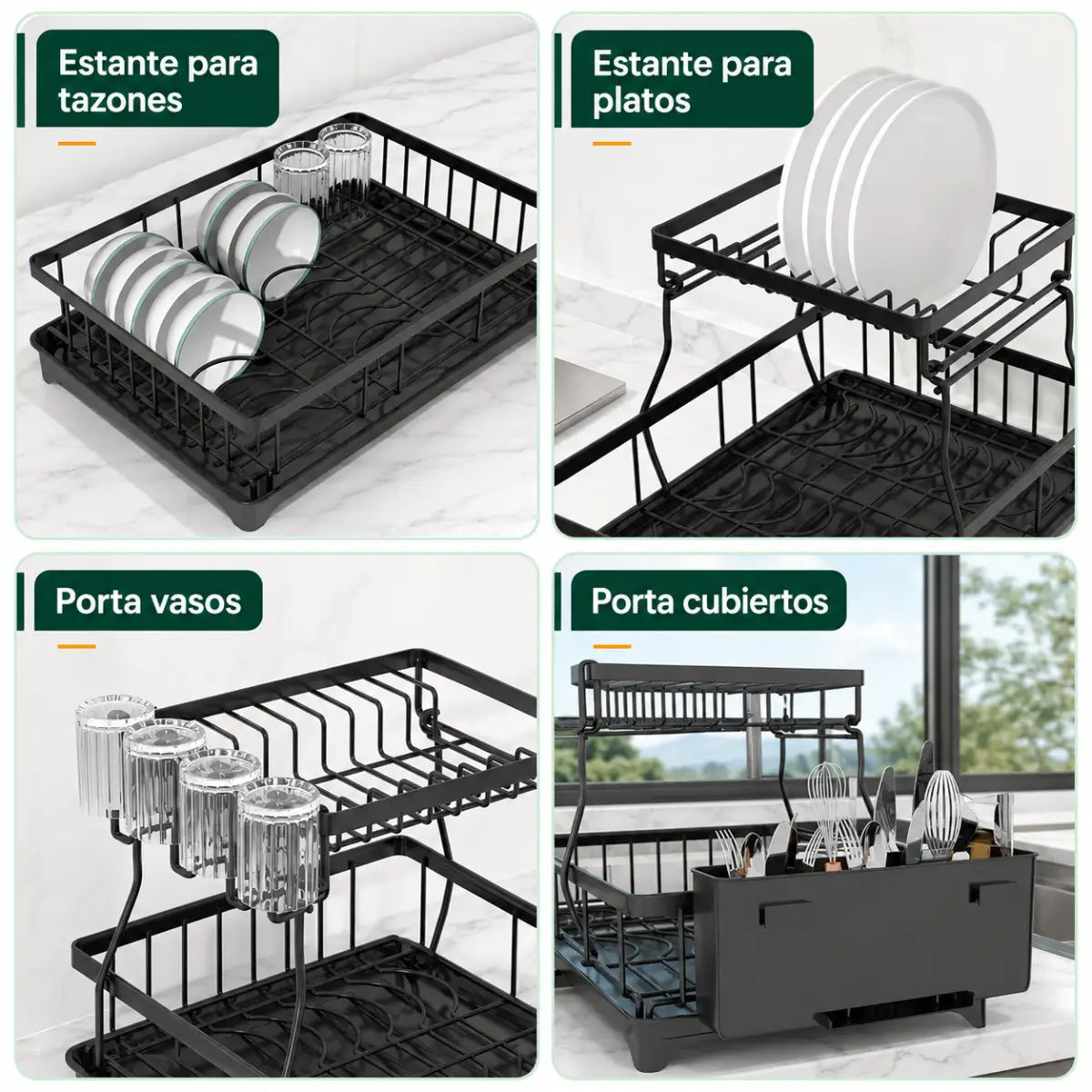 Escurridor de vajilla multifuncional con diferentes configuraciones para organizar platos y utensilios