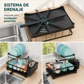 Escurridor de platos con sistema de drenaje ajustable para dirigir el agua hacia el lavadero