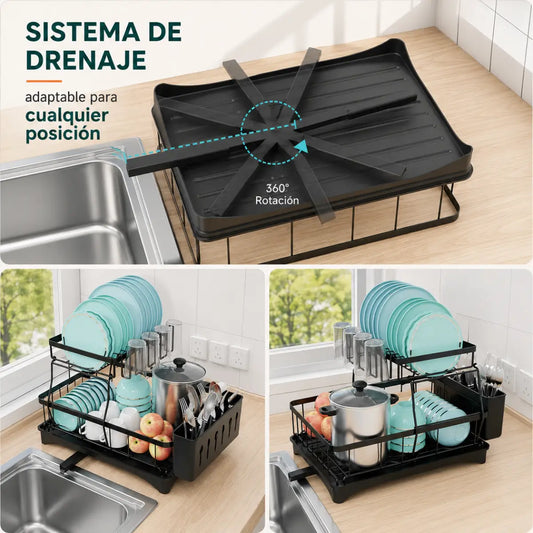 Escurridor de platos con sistema de drenaje ajustable para dirigir el agua hacia el lavadero