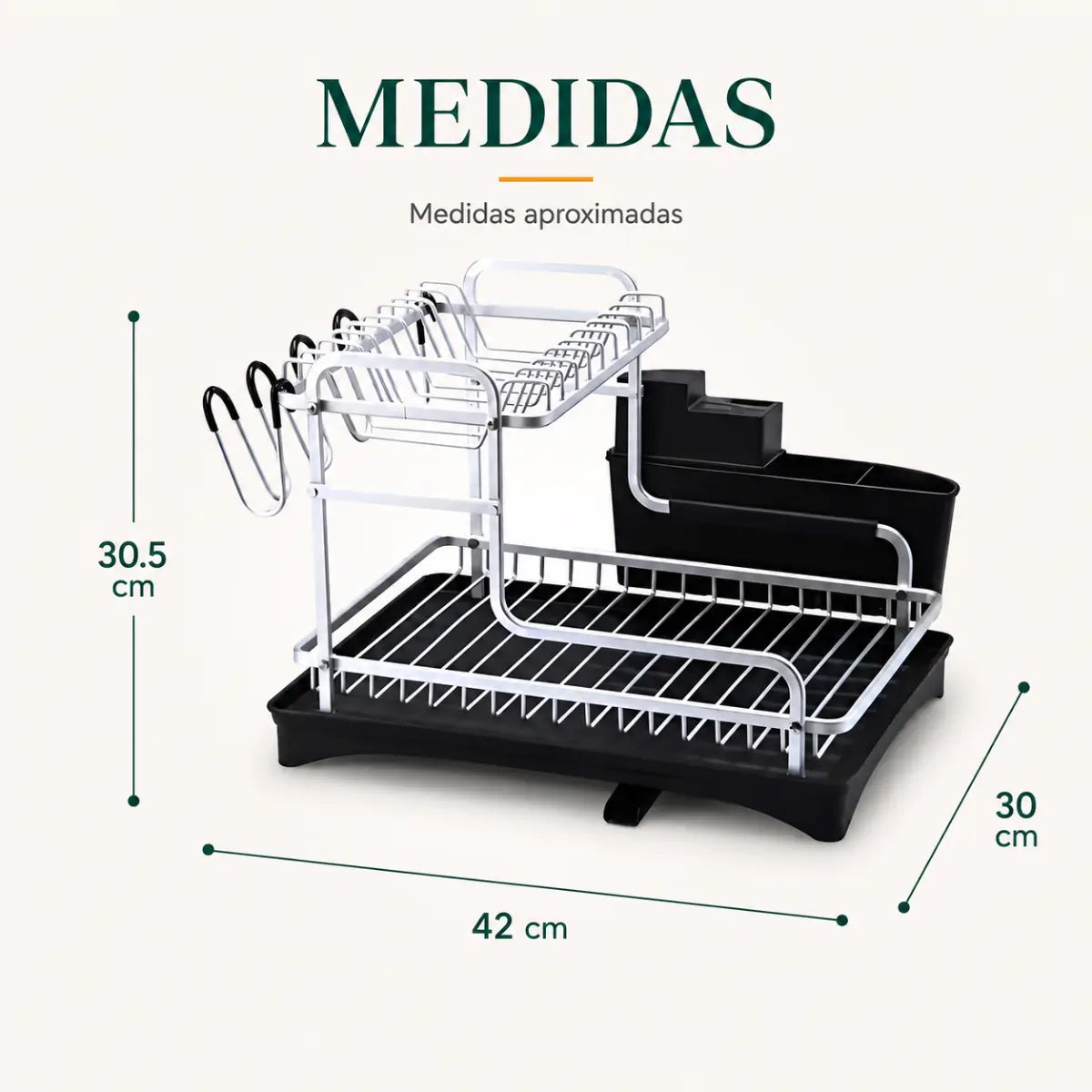 Escurridor de platos de 2 niveles de aproximadamente 42 cm de ancho, 30 cm de fondo y 30.5 cm de alto
