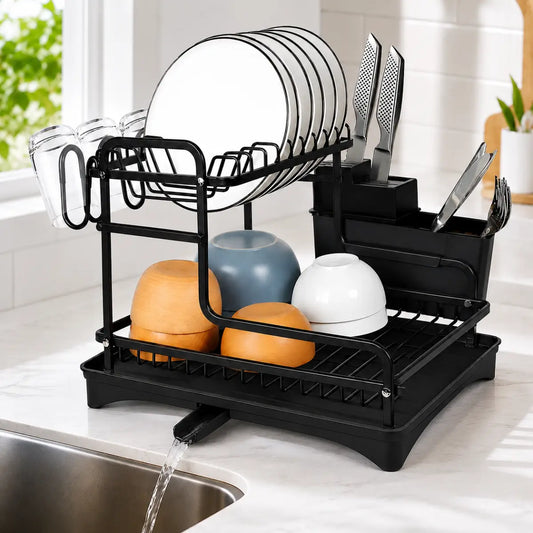Escurridor de platos de 2 niveles color negro con cubertero, bandeja de drenaje y espacio para vajilla