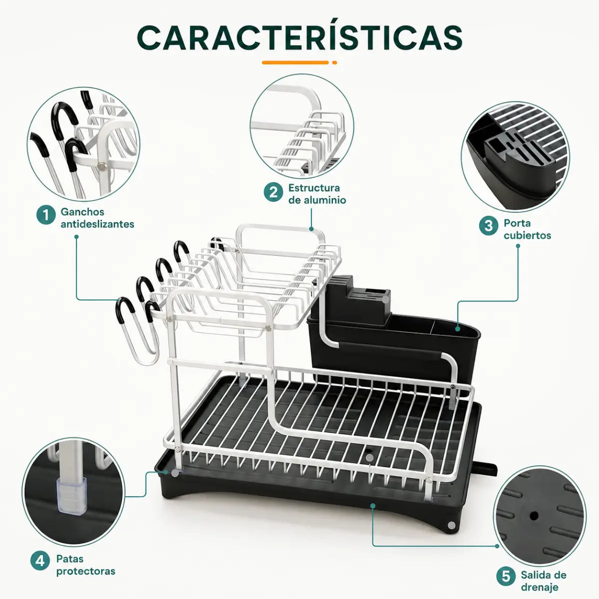 Escurridor de vajilla de 2 niveles con soportes para platos, utensilios y bandeja inferior de drenaje