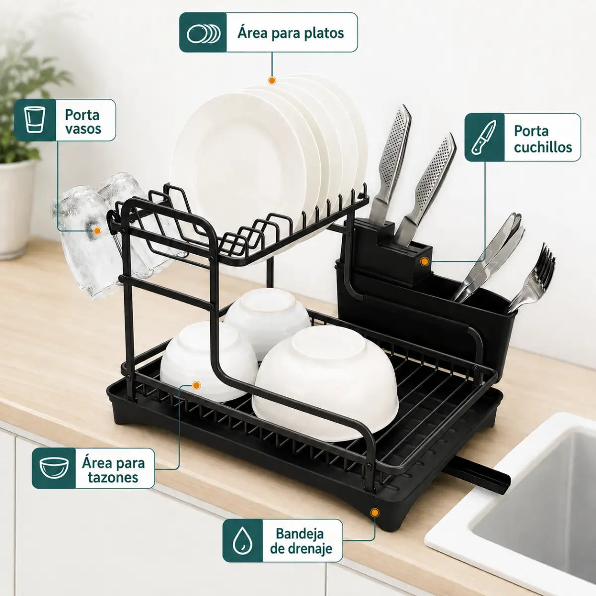 Escurridor de platos multifuncional con espacios para platos, tazas, cubiertos y utensilios de cocina