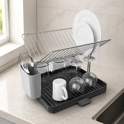 Escurridor de platos plegable con bandeja inferior, cubertero y espacio para vajilla y vasos