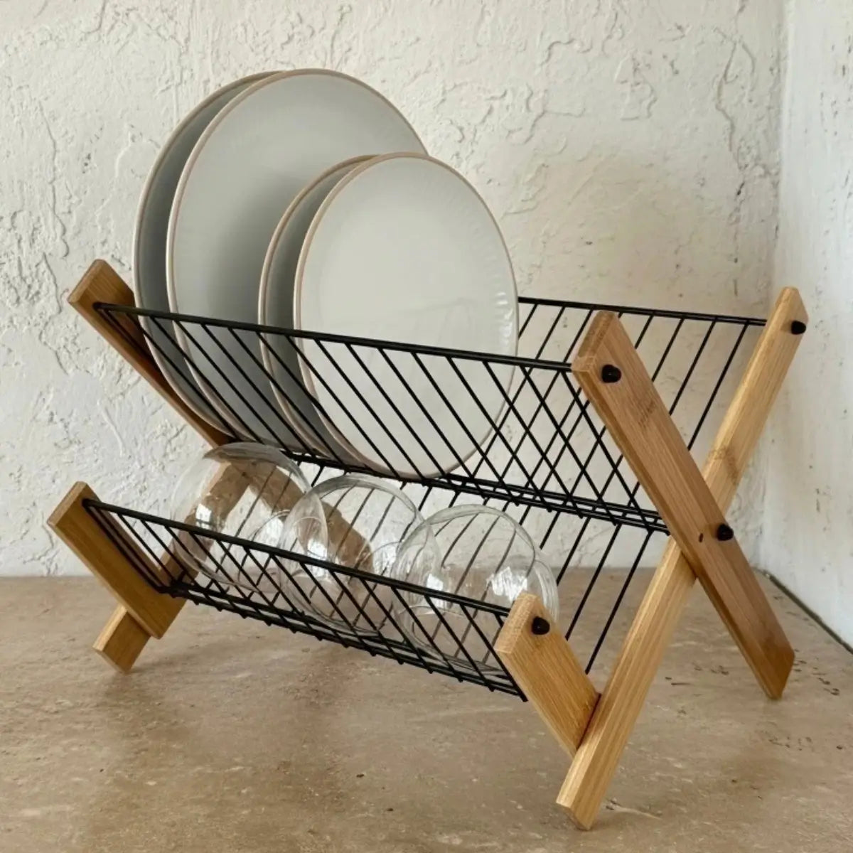 Secaplatos de 2 niveles con rejillas metálicas y laterales de madera para platos y tazas
