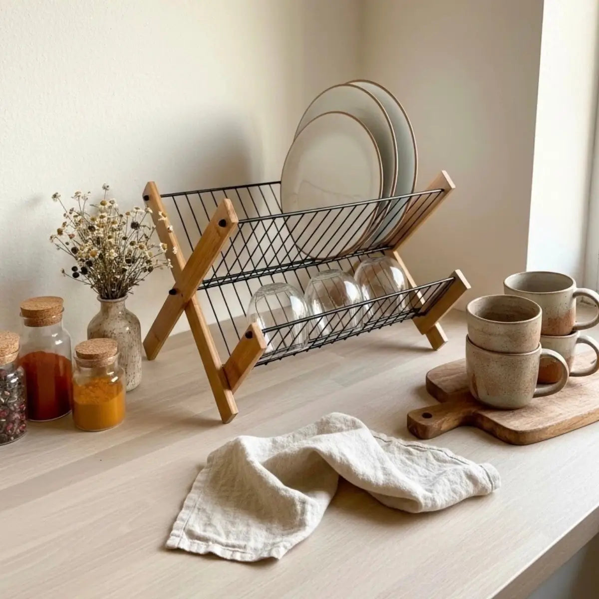 Escurridor de platos con estructura de madera colocado sobre encimera de cocina con vajilla