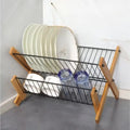 Organizador de platos de 2 niveles con estructura plegable de madera y rejillas metálicas