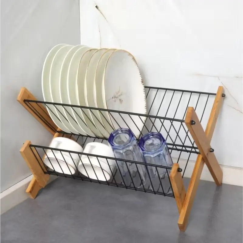 Organizador de platos de 2 niveles con estructura plegable de madera y rejillas metálicas