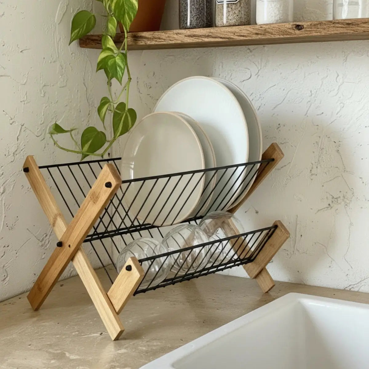 Escurridor de platos de 2 niveles con estructura de madera y rejillas metálicas negras para vajilla