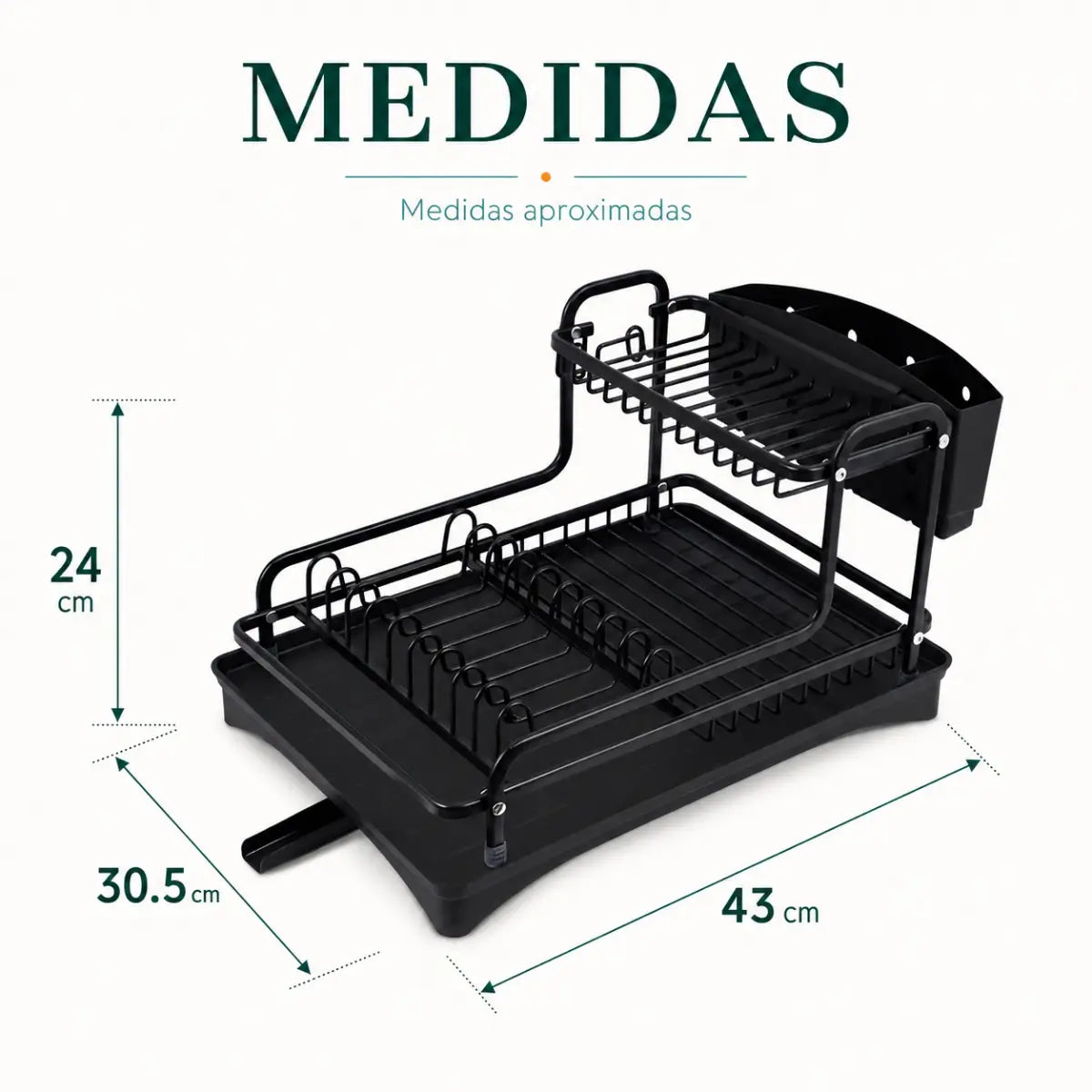 Escurridor de platos de 2 niveles de 45 cm de largo, 30.5 cm de fondo y 24 cm de alto
