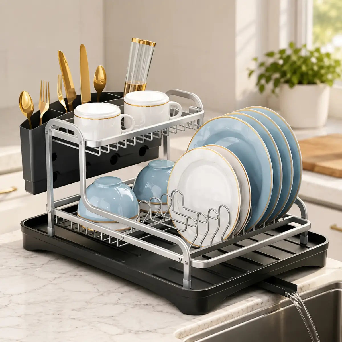 Escurridor de platos de 2 niveles con bandeja de drenaje, cubertero y espacios para vajilla y tazas
