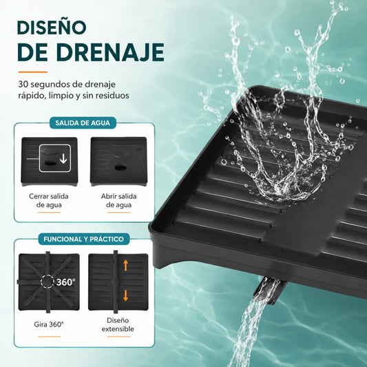 Escurridor de platos con bandeja y sistema de drenaje para dirigir el agua hacia el lavadero