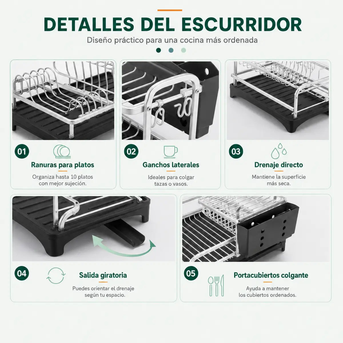 Escurridor de platos con cubertero, soporte para tazas, rejilla para vajilla y bandeja de drenaje