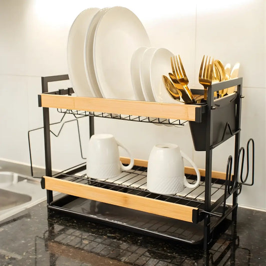 Escurridor de platos de 2 niveles color negro con cubertero y soportes laterales para vajilla