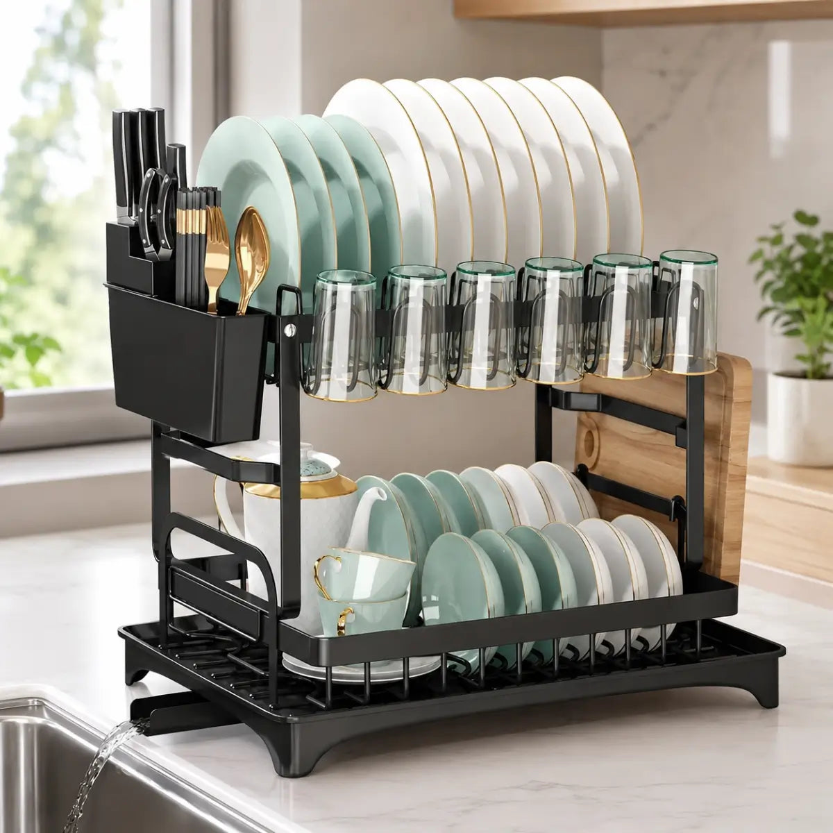 Escurridor de platos de dos niveles color negro con platos, tazas y cubiertos organizados