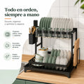 Escurridor de platos de dos niveles con espacios para organizar platos, vasos, cubiertos y utensilios