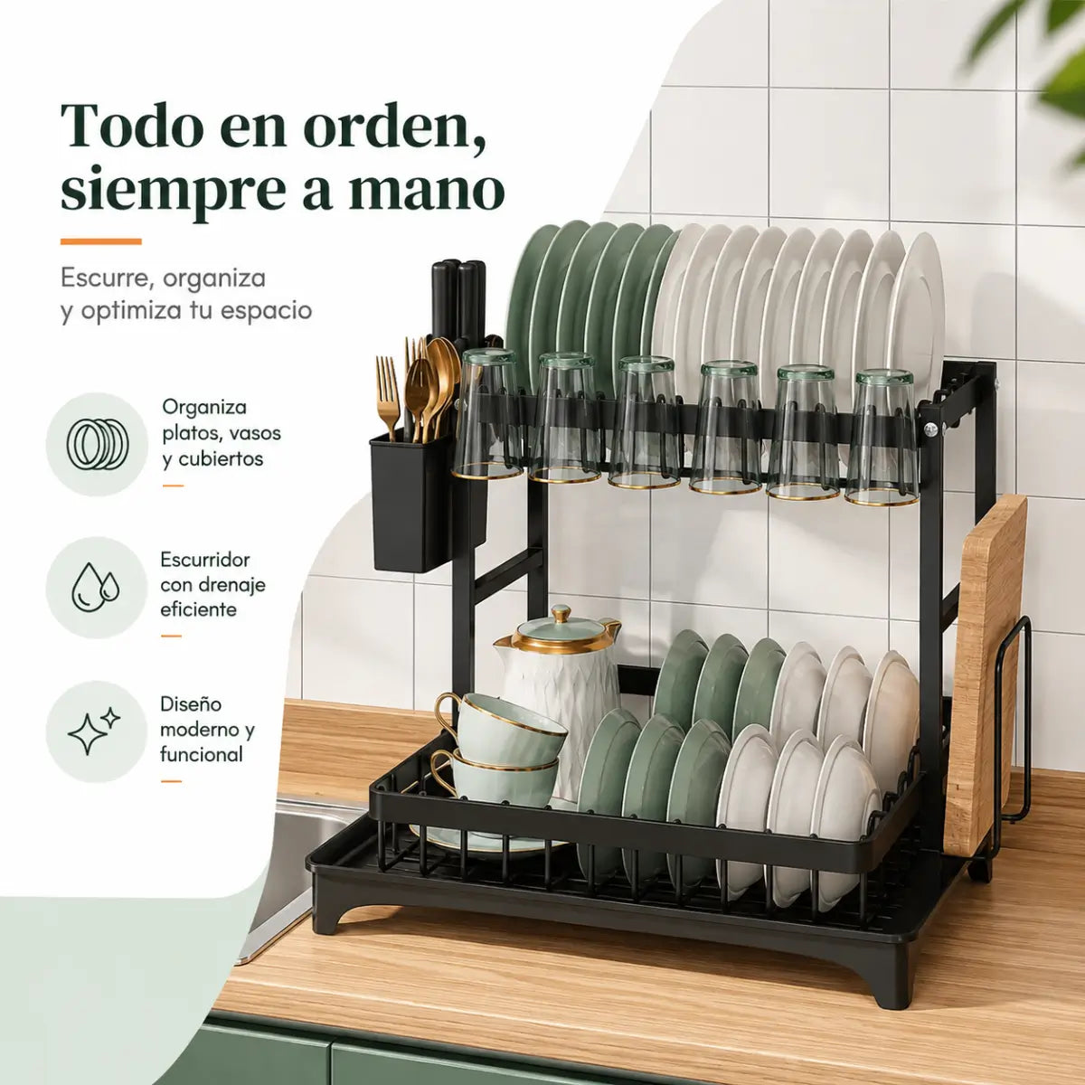 Escurridor de platos de dos niveles con espacios para organizar platos, vasos, cubiertos y utensilios
