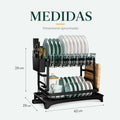 Escurridor de platos de dos niveles con medidas aproximadas de 42 cm de ancho, 29 cm de alto y 29 cm de fondo