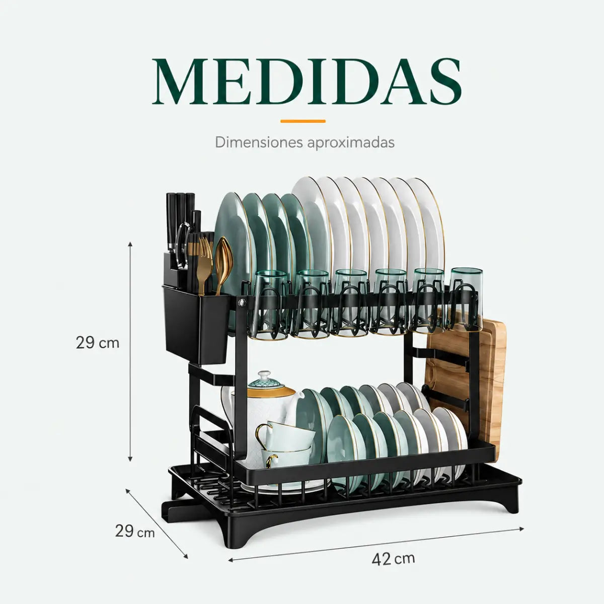 Escurridor de platos de dos niveles con medidas aproximadas de 42 cm de ancho, 29 cm de alto y 29 cm de fondo