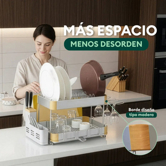 Escurridor de vajilla de 2 niveles que ayuda a organizar platos y utensilios ocupando menos espacio