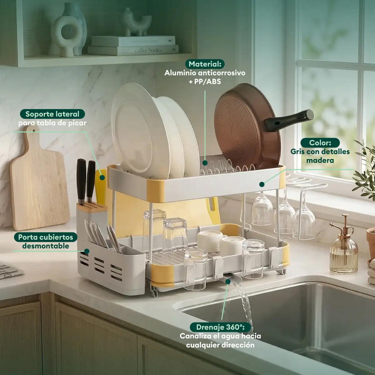 Escurridor de platos multifuncional con espacios para platos, vasos, cubiertos y accesorios de cocina
