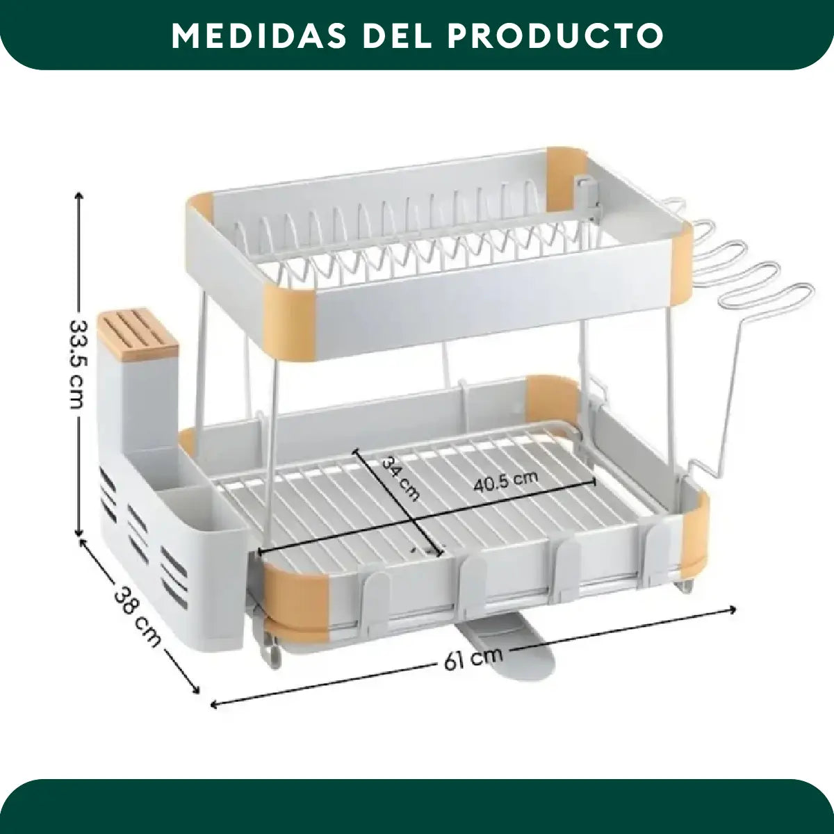 Medidas del escurridor de platos de aluminio de 2 niveles con diseño compacto para cocina