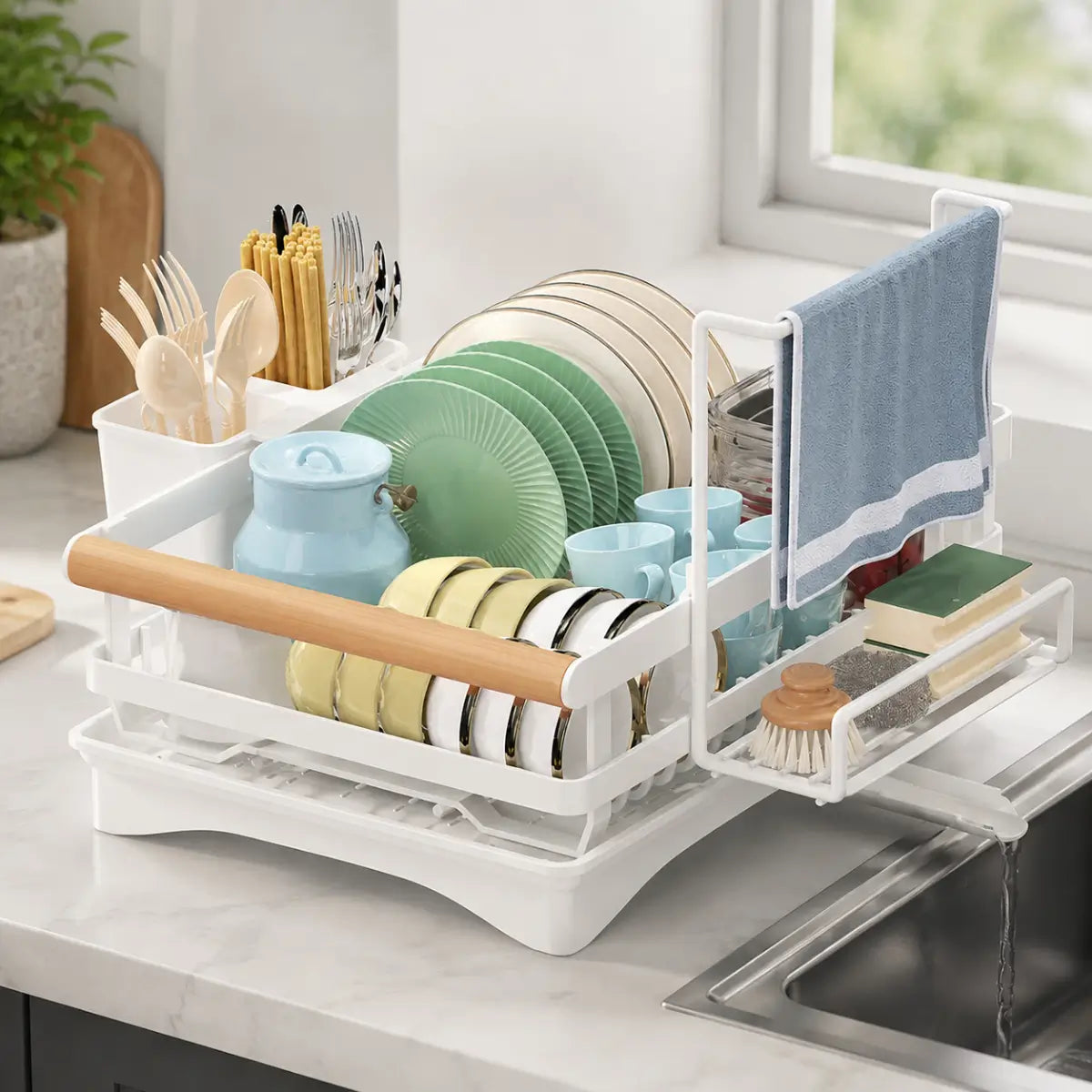 Escurridor de platos con drenaje automático, cubertero y espacio para vajilla, vasos y utensilios