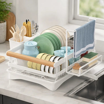 Escurridor de platos con drenaje automático, cubertero y espacio para vajilla, vasos y utensilios