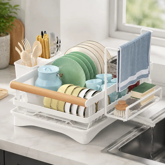 Escurridor de platos con drenaje automático, cubertero y espacio para vajilla, vasos y utensilios