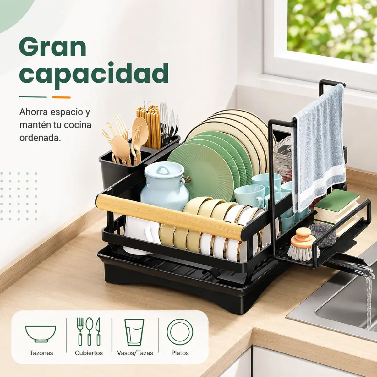 Escurridor de vajilla de gran capacidad para organizar platos, bowls, vasos, cubiertos y accesorios de cocina