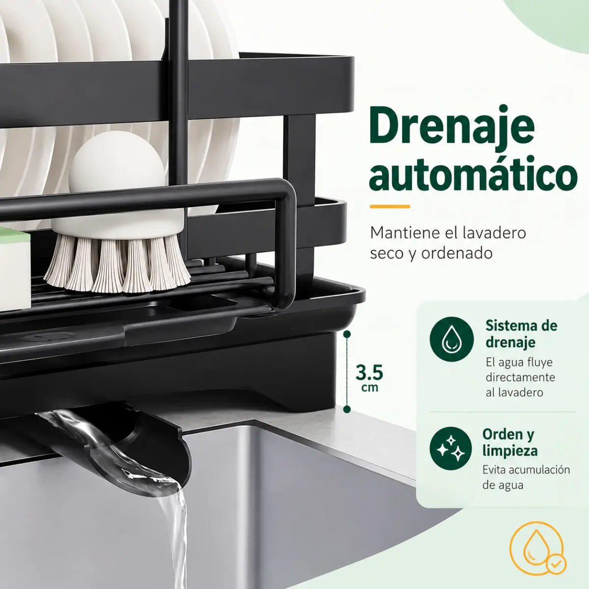 Escurridor de platos con bandeja y salida de drenaje automático hacia el lavadero