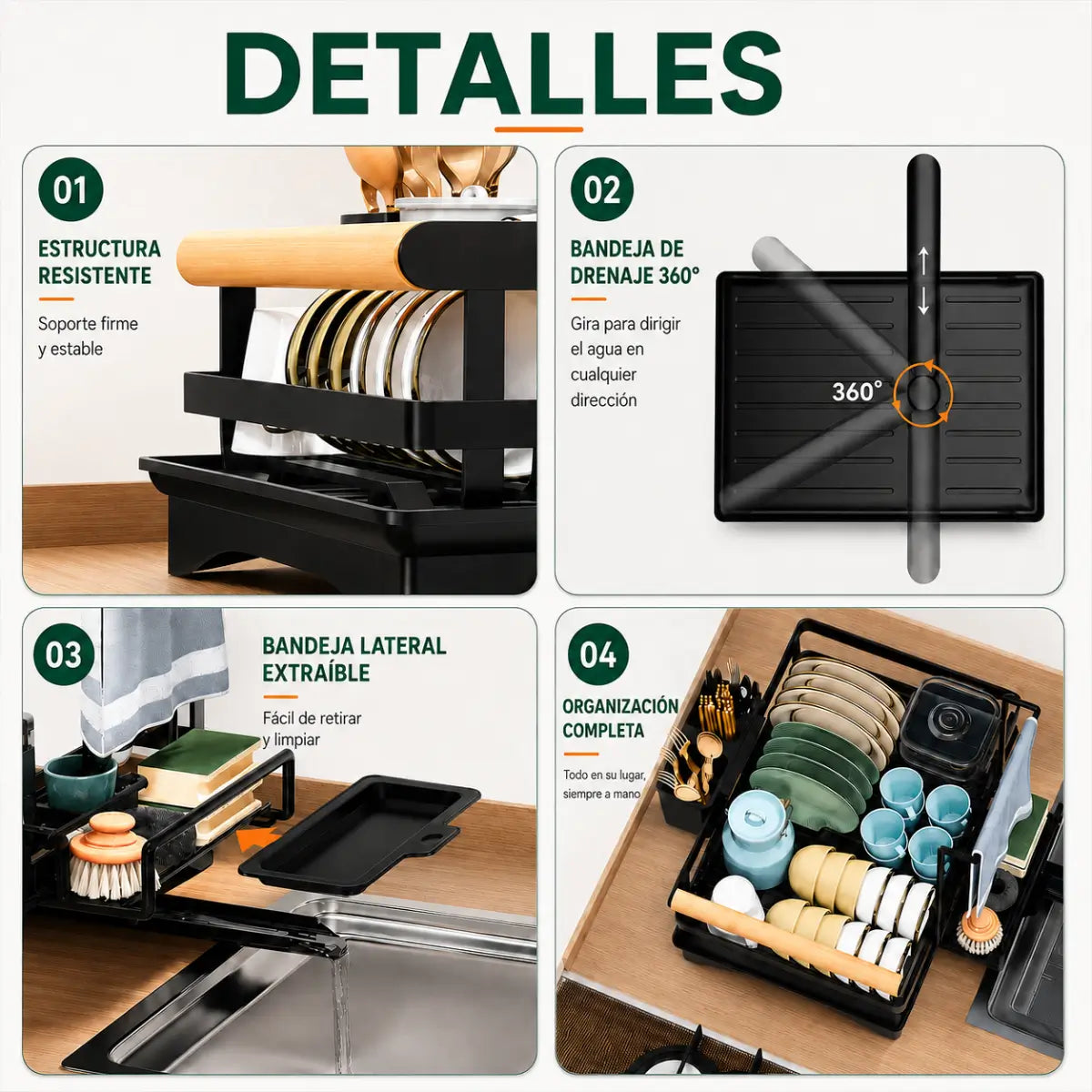 Escurridor multifuncional con soporte para platos, bandeja extraíble, cubertero y accesorios laterales