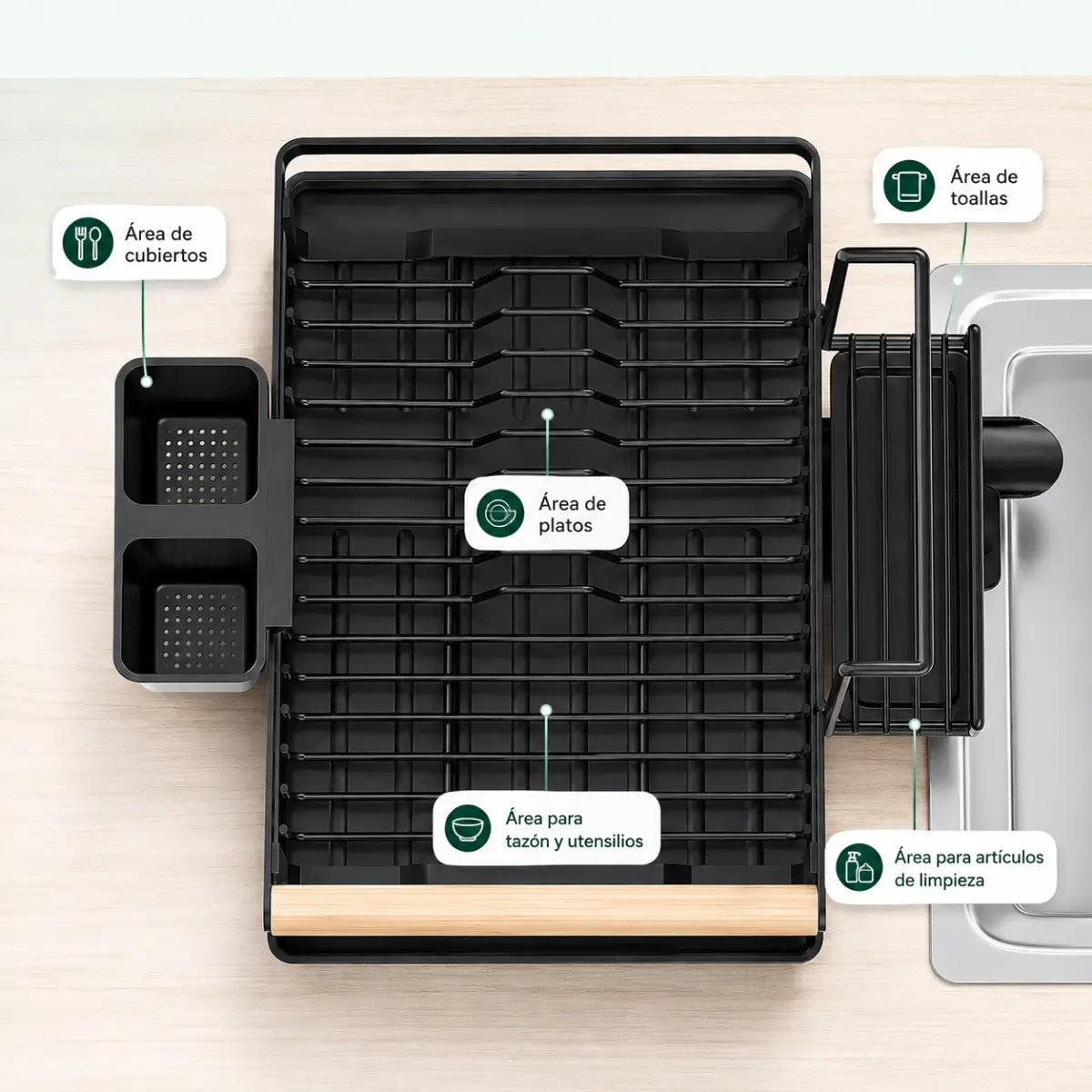 Organizador de platos para cocina con espacios separados para vajilla, cubiertos, vasos y utensilios