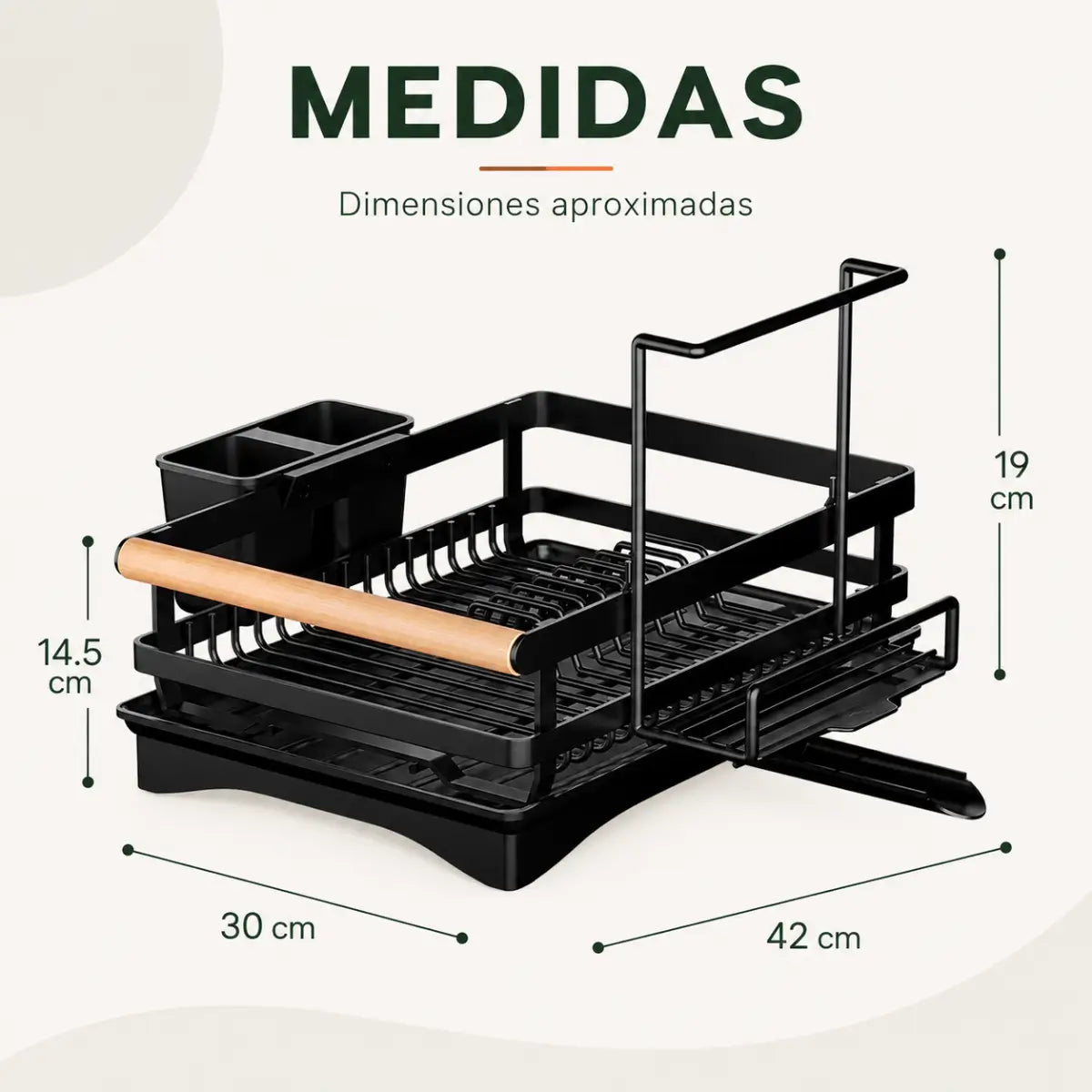 Medidas del escurridor de platos con drenaje automático y diseño compacto para cocina