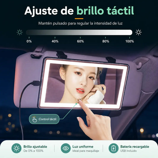 Espejo de maquillaje para auto con luz LED y ajuste de brillo táctil