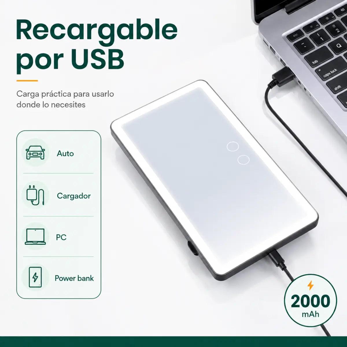 Espejo LED para parasol de auto recargable por USB con batería integrada
