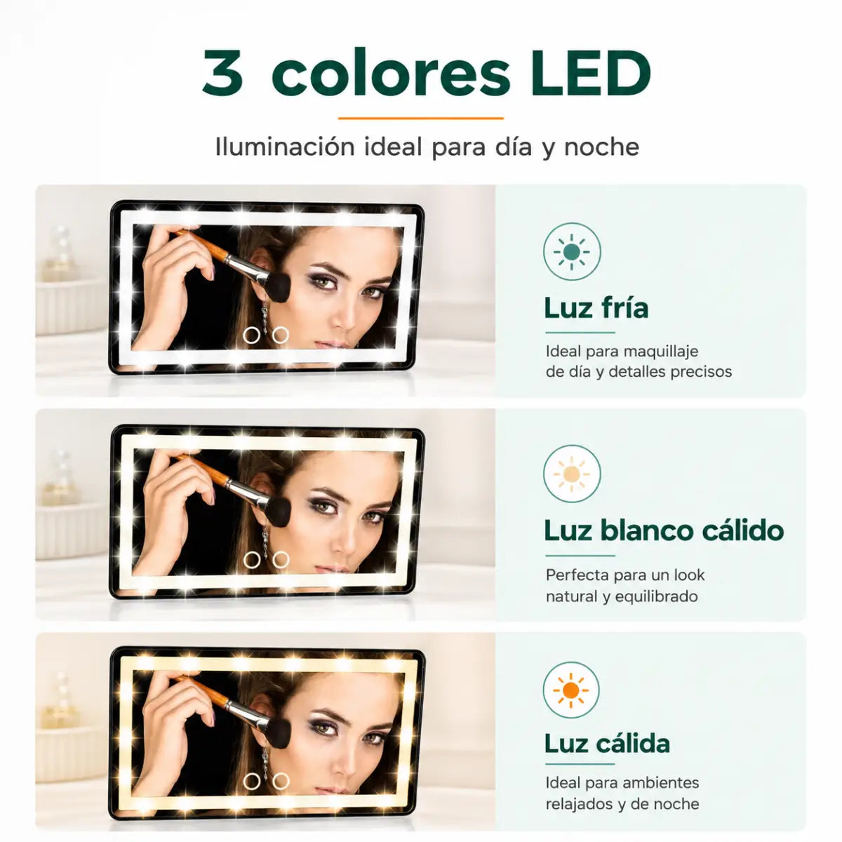Espejo para visera de auto con 3 tonos de luz LED para maquillaje y cuidado personal