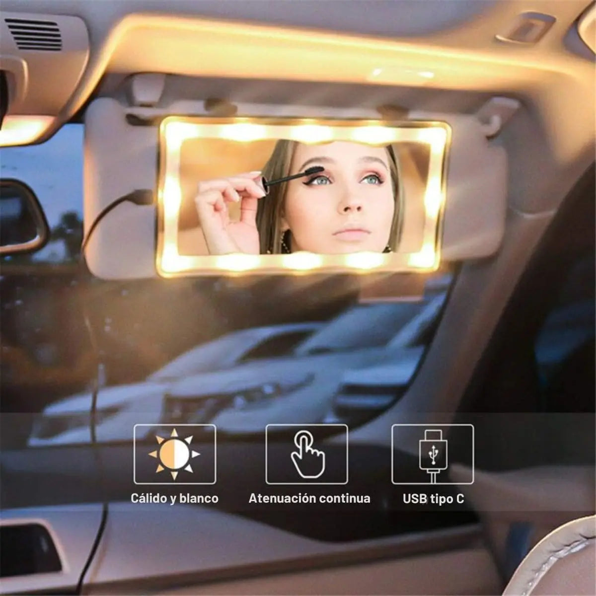 Espejo LED Con Luz T&aacute;ctil Recargable Para Auto En Visera Parasol