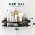 Medidas del organizador esquinero de baño negro con diseño compacto para pared