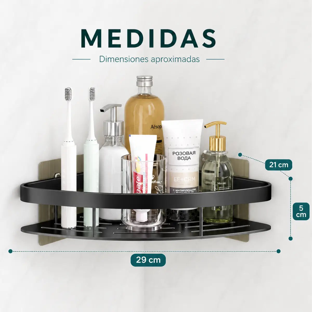 Medidas del organizador esquinero de baño negro con diseño compacto para pared
