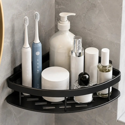 Organizador esquinero de baño color negro para guardar cepillos, frascos y productos de higiene