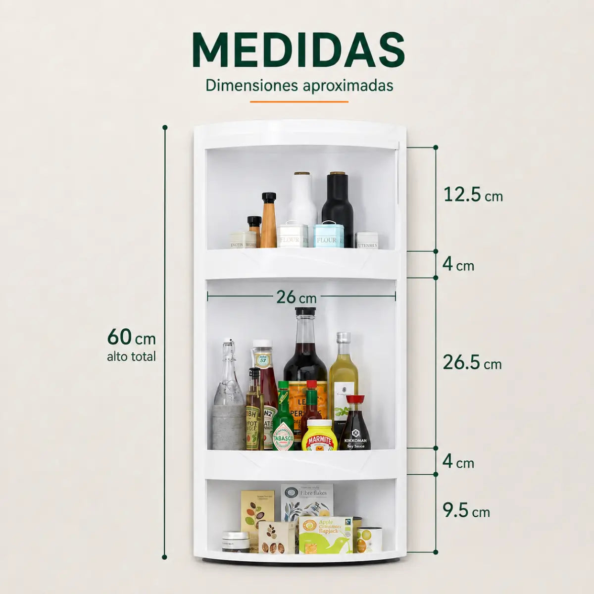 Medidas del organizador esquinero giratorio de 3 niveles con diseño vertical y compacto